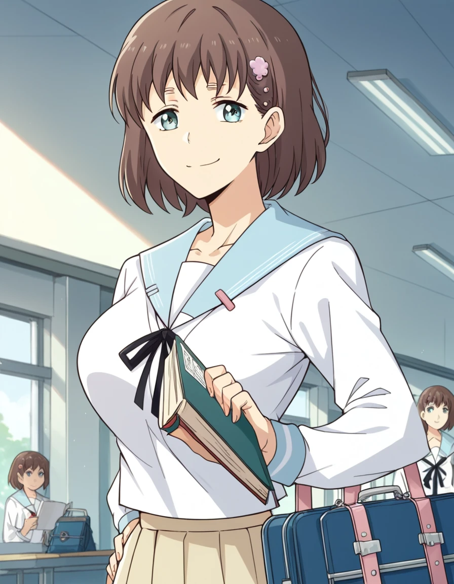 score_9, score_8_up, score_7_up, source_anime, <lora:honoka-tamarai-s1-ponyxl-lora-nochekaiser:1>, honoka tamarai, short hair, brown hair, hair ornament, blue eyes, hairclip, flower, hair flower, large breasts,, school uniform, serafuku, shirt, white shirt, long sleeves,, airport, waiting area, suitcase, flight delayed, passengers, reading book, , smug, hand on hips,, looking at viewer, solo,, dutch angle, cowboy shot