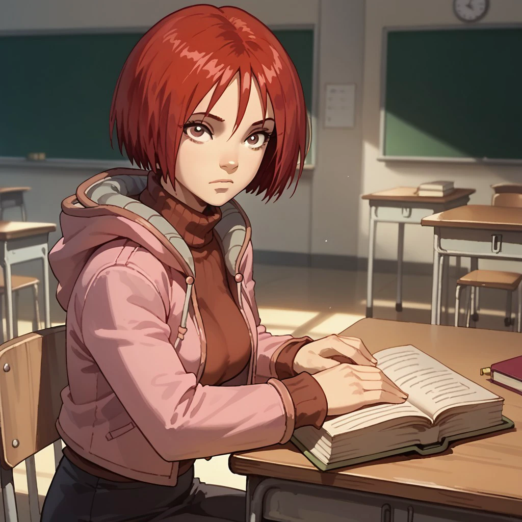 score_9, score_8, score_7, break, solo, willv_w, 1girl, short hair, red hair, brown eyes, jacket, hood down, turtleneck, sitting, classroom, book, looking at viewer, busty