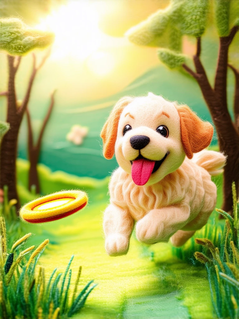 A golden retriever is bounding through tall grass, its tongue lolling out blissfully as it chases after a bright yellow frisbee in a sun-dappled meadow surrounded by trees.