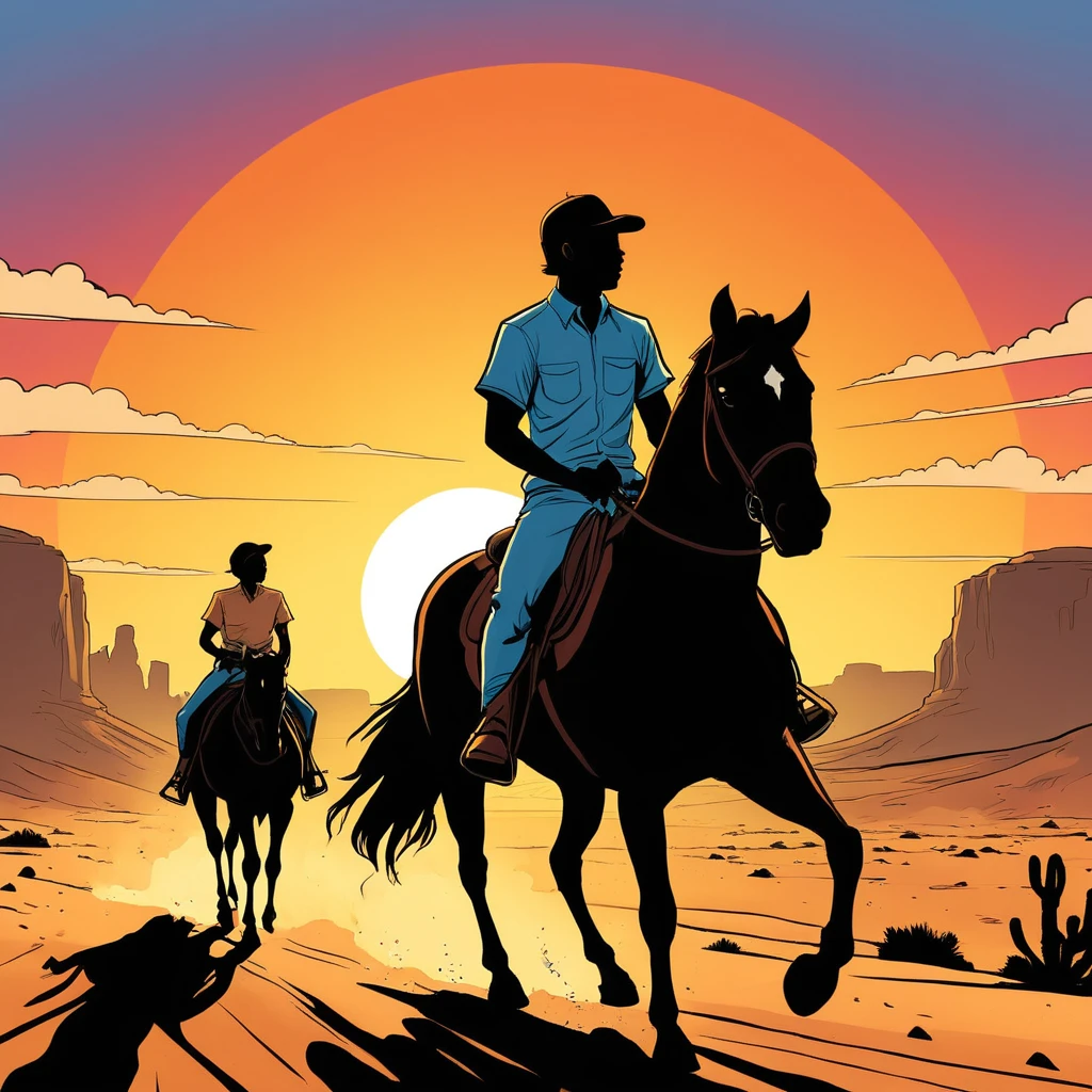 <lora:comic art (BlacknWhiteComics):0.8> 
In comic art style a cartoon of two different silhouette people riding horses in the desert at sunset, perfect face expression, different face expression, comic book style, comic art style, different character, different background, comic ink style, comic color style, adult comic style, graphic novel style, 1boy, outdoors, multiple boys, sky, cloud, 2boys, from behind, english text, speech bubble, sunset, riding, horse, horseback riding