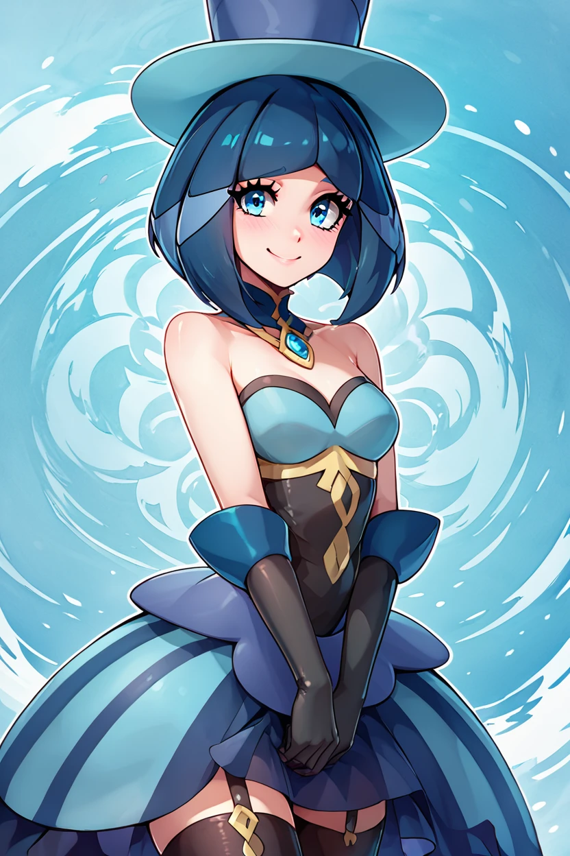 score_9, score_8_up, score_8, medium breasts, (curvy), cute, eyelashes,       ,,, , ,,, zzEvelyn, blue eyes, blue hair, medium hair, black gloves, blue headwear, bare shoulders, elbow gloves, blue dress,  <lora:Evelyn_Pokemon_PDXL:0.8>,     ,,,, BREAK, smile, looking at viewer, ,,, abstract background, white outline, cowboy shot, ,,, embedding:zPDXL, Expressiveh, ,,, <lora:CatalystStylePDXL:0.6>, <lora:SDXLFaeTastic2400:0.5>, <lora:Expressive_H-000001:0.4>,