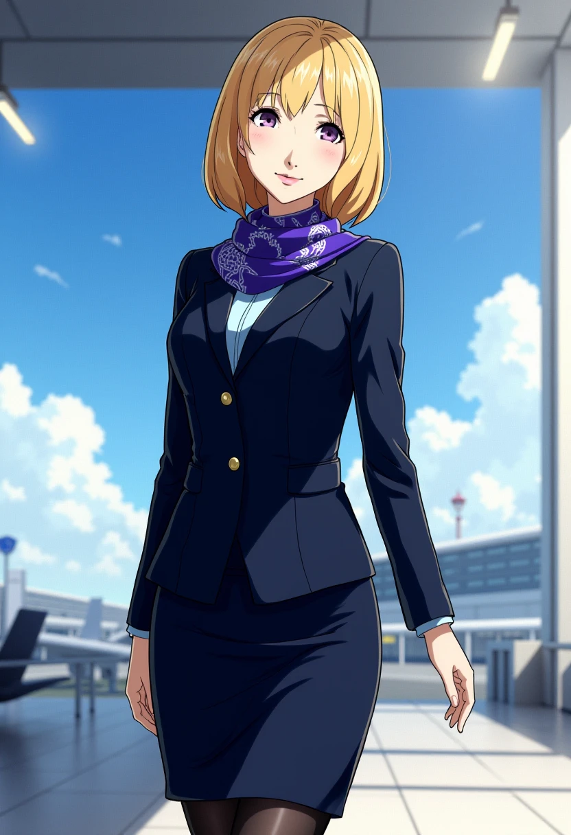 A detailed solo portrait of mifune chihaya,, blonde,
Anime style, sharp, high contrast and highly detailed.,
 <lora:persona5_mifune_chihaya_flux_1_2-000004:1>,
 She is standing in a futuristic airport, with sunshine, blue sky and white cloud in the background. She wears a sleek and professional airline attendant uniform inspired by Japanese aesthetics, similar to the uniforms of ANA (All Nippon Airways). The uniform should consist of a tailored black jacket with a subtle sheen, featuring a structured, fitted design with long sleeves and a single-button closure. Beneath the jacket, the attendant wears a light blue collared shirt, neatly tucked into a matching knee-length pencil skirt. Around the neck is a silk scarf in a vibrant, bold color such as purple or blue, tied elegantly to add a touch of flair and sophistication. The outfit is complemented by sheer black tights and polished black dress shoes with low heels, designed for both style and comfort. She looks mature, gentle and elegant. She is looking at the viewer with a beautiful smile.