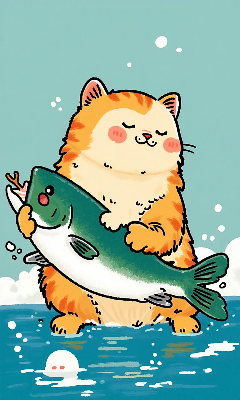 A cat holding a big fish <lora:flux-test\flux.1_lora_flyway_simple-illustration:1.0>