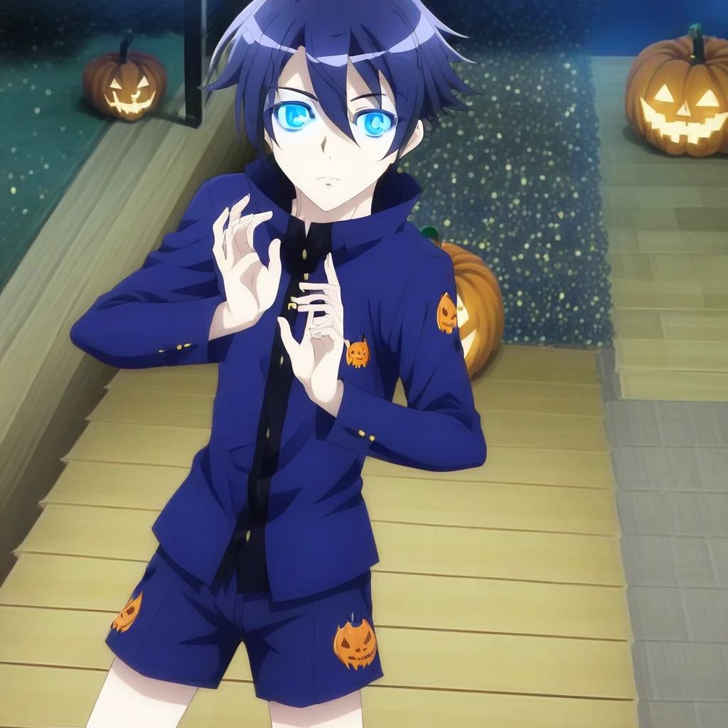 Yukito Yanagi dressed as a vampire on Halloween, in his boxers, blue eyes, dragon eye slits, (high quality, Masterpiece),