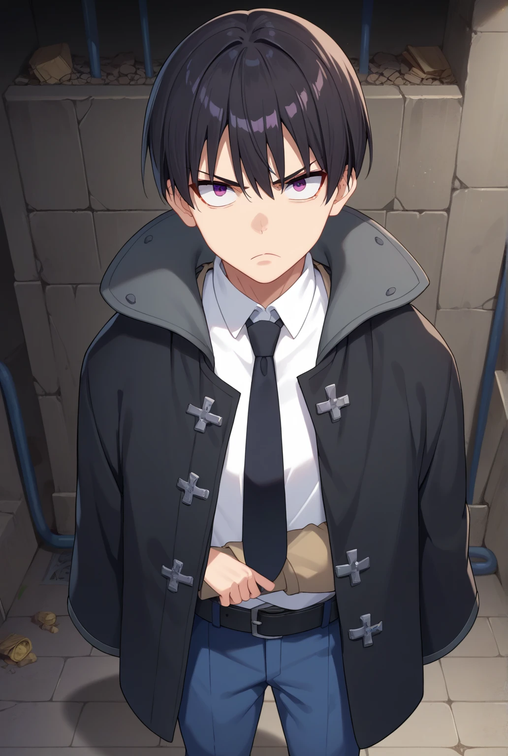 (score_9, score_8_up:1.1), score_7_up, high res image,masterpiece, takigi oze, 1boy, solo, black hair, purple eyes, black necktie, white shirt, collared black coat, blue pants, belt, serious, looking at viewer,, from above, underground, dark ambient