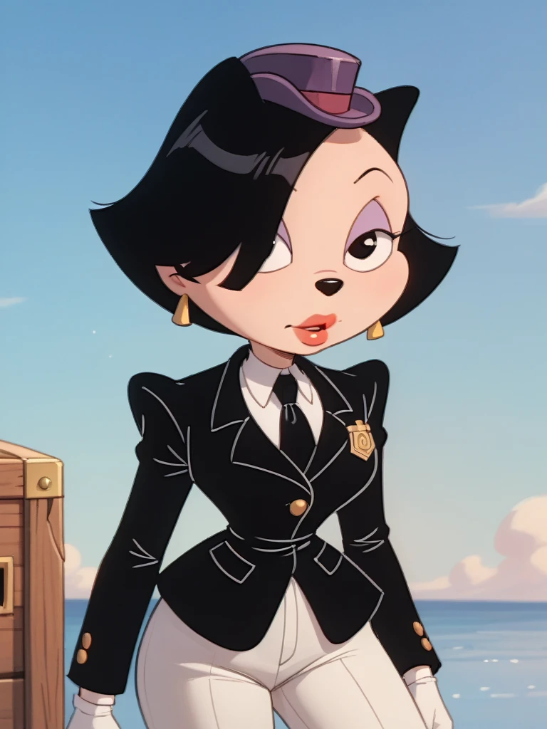 score_9, score_8_up, score_7_up, score_6_up, score_5_up, score_4_up, solo, Katya_Leggsgowanalot, short hair, black jacket, white pants, pillbox hat, uniform, necktie, white gloves, detailed face, detailed eyes, detailed face, detailed eyes <lora:katya-v2:1>