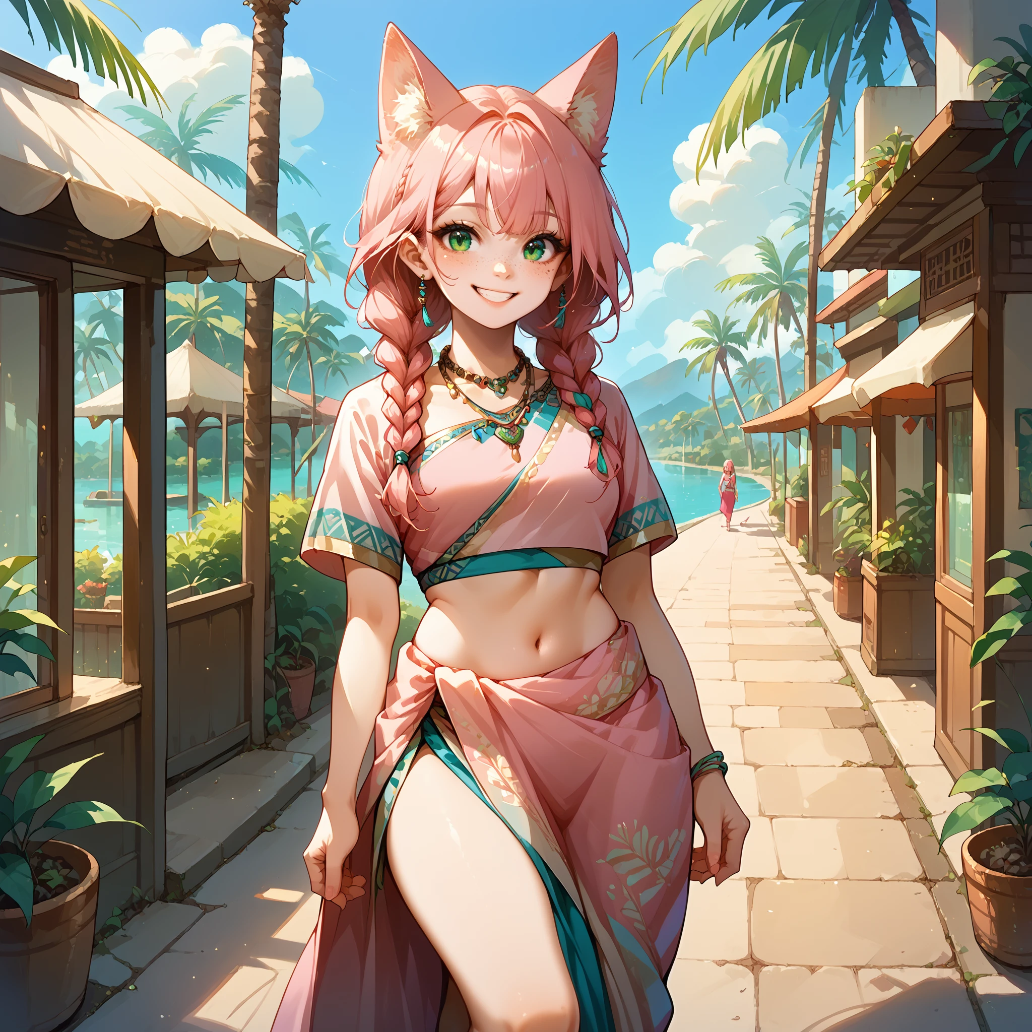 score_9, score_8_up, score_7_up,source_anime, 1girl, pink hair, braided bangs, twin braids, fox ears, green eyes, freckles, (smile), street, oasis, palm tree, small lake, necklace, <lora:Saree_V2:0.7> saree_, sari, crop top, short sleeves, midriff, side slit,