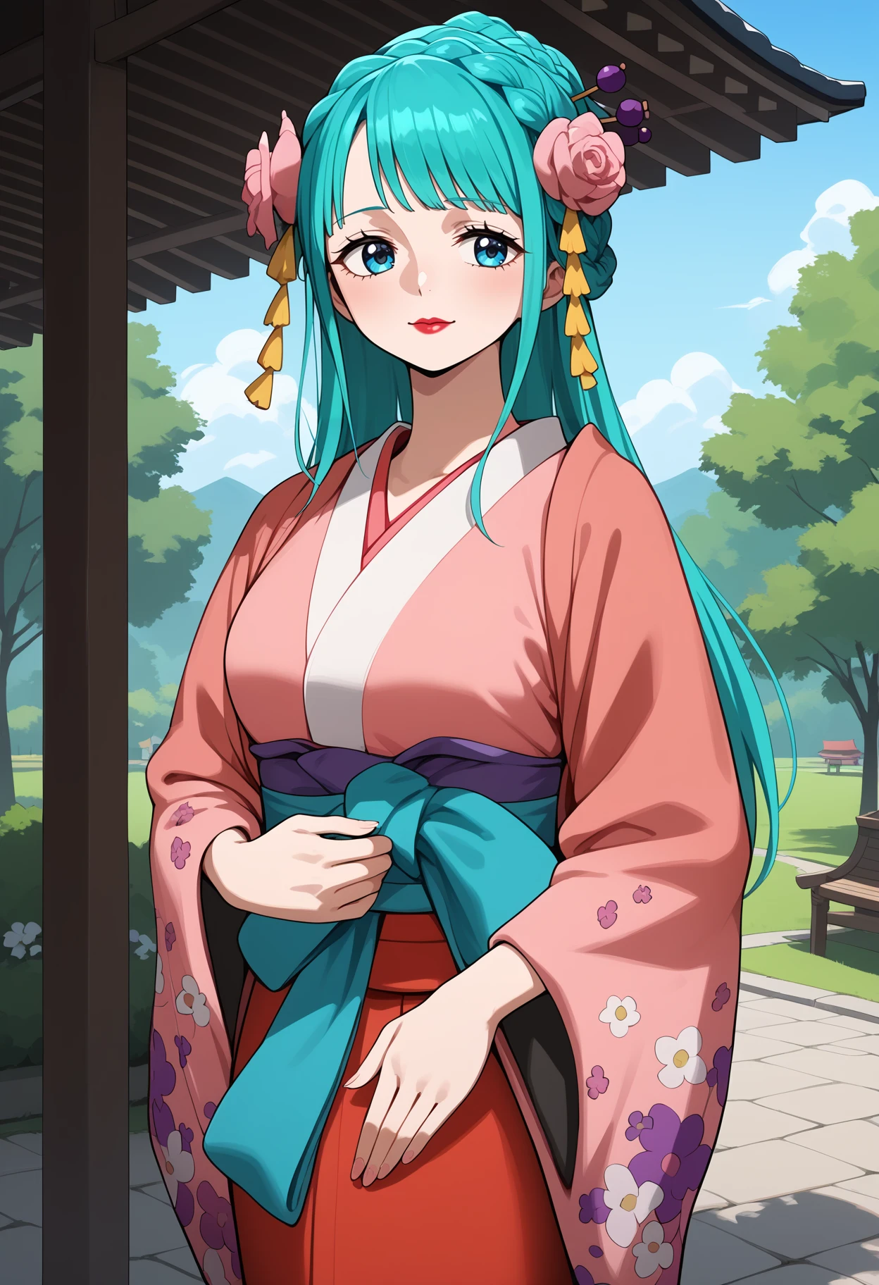 score_9, score_8_up, score_7_up, score_6_up, score_5_up, score_4_up, source_anime, aahiyori, long hair, aqua hair, braid, hair flower, blue eyes, lipstick, breasts, red kimono, pink kimono, sash, <lora:kouzuki_hiyori_ponyxl_v1:0.9>, standing, cowboy shot, outdoors, park,