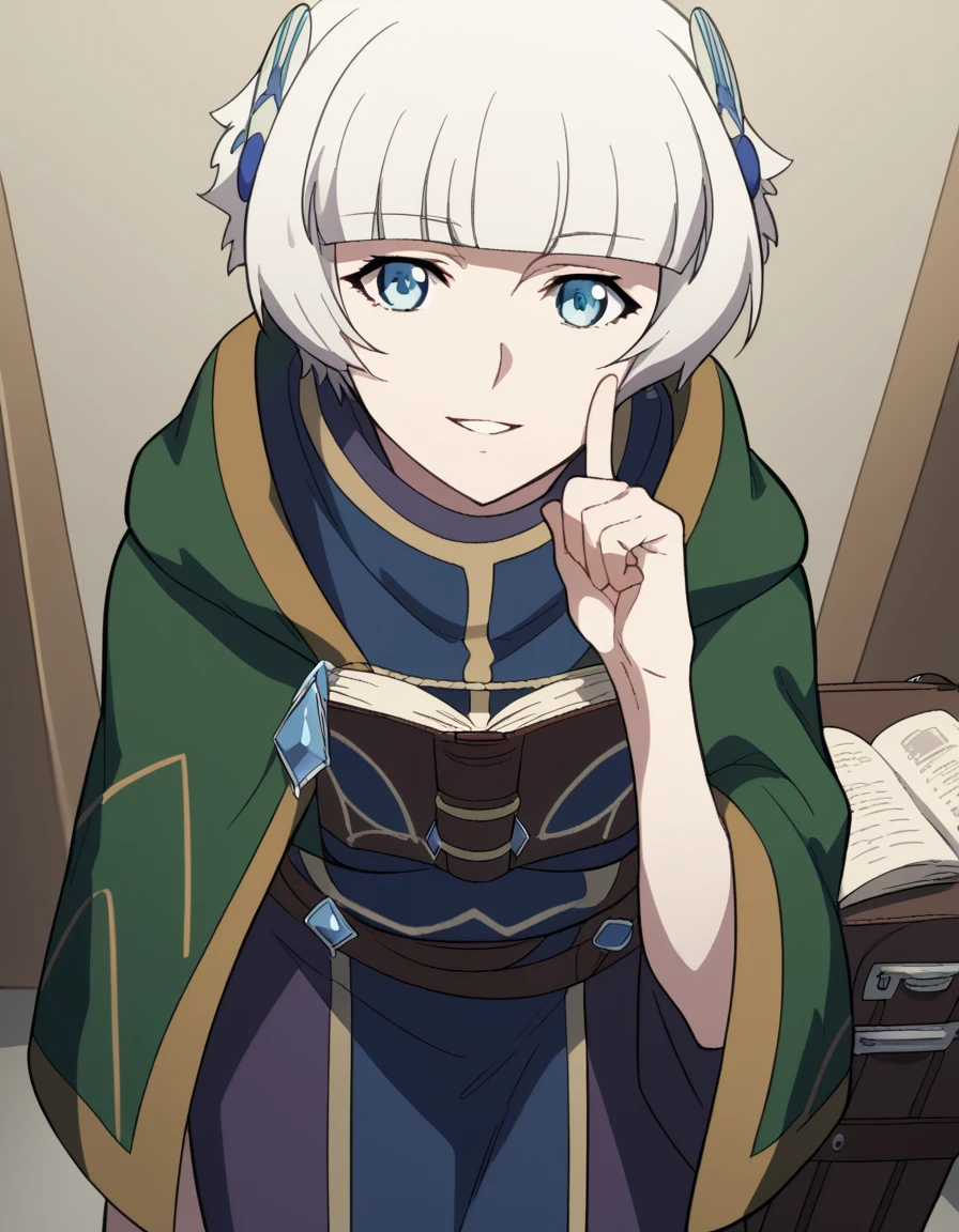 score_9, score_8_up, score_7_up, source_anime, <lora:meteora-osterreich-s1-ponyxl-lora-nochekaiser:1>, meteora osterreich, short hair, bangs, blue eyes, hair ornament, white hair, blunt bangs, medium breasts,, cape, cloak,, airport, waiting area, suitcase, flight delayed, passengers, reading book, smile, <lora:finger-to-cheek-ponyxl-lora-nochekaiser:1>, finger to cheek, index finger raised, pointing at self, bedroom, parted lips, leaning forward, bent over, cowboy shot, dutch angle,, looking at viewer, solo,, dutch angle, cowboy shot