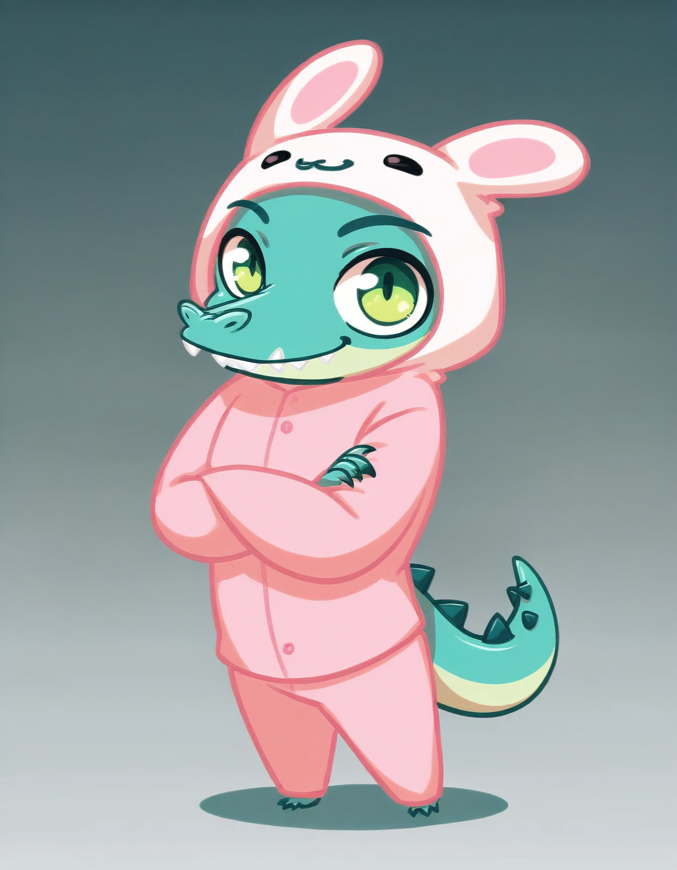 score_9, score_8_up, score_7_up, score_6_up, score_5_up, score_4_up, chibi, reptile
Zhora, green eyes, pink pajamas, turquoise skin, two tone skin, sharp teeth, tail, gradient background, looking at viewer, crossed arms, portrait
 <lora:Zhora_XL:1>