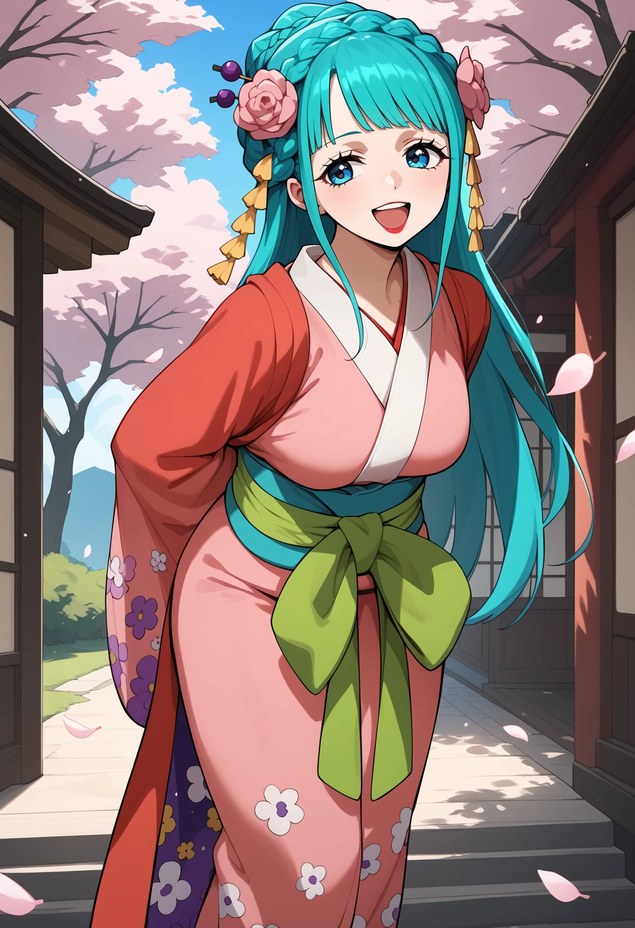 score_9, score_8_up, score_7_up, score_6_up, score_5_up, score_4_up, source_anime, aahiyori, long hair, aqua hair, braid, hair flower, blue eyes, lipstick, breasts, red kimono, pink kimono, sash, <lora:kouzuki_hiyori_ponyxl_v1:0.9>, arms behind back, leaning forward, standing, outdoors, open mouth, cherry blossoms, smile,