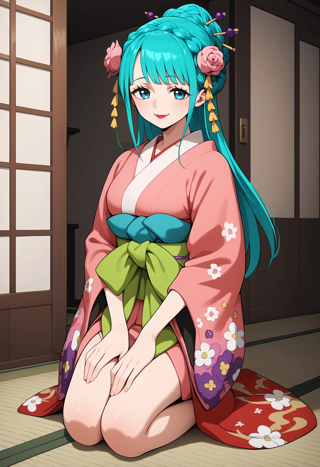 score_9, score_8_up, score_7_up, score_6_up, score_5_up, score_4_up, source_anime, aahiyori, long hair, aqua hair, braid, hair flower, blue eyes, lipstick, breasts, red kimono, pink kimono, sash, <lora:kouzuki_hiyori_ponyxl_v1:0.9>, indoors, kneeling, hands on own knees, smile, tatami,