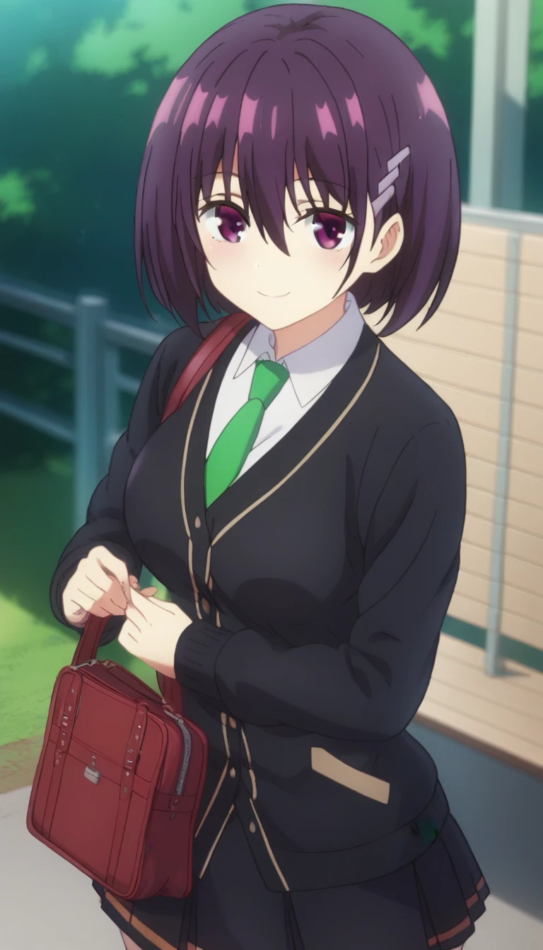 score_9,score_8_up,score_7_up,score_6_up BREAK official art,solo,outdoors,cowboy shot,looking at viewer,facing viewer,smile,blush,Suzu Kanade,short hair,purple hair,bob cut,hair ornament,hairclip,hair between eyes,bangs,purple eyes,school uniform,black cardigan,green necktie,collared shirt,white shirt,medium breasts,long sleeves,miniskirt,black skirt,pleated skirt,black socks,loafers,<lora:Suzu Kanade(at)-Pony:1.8>,