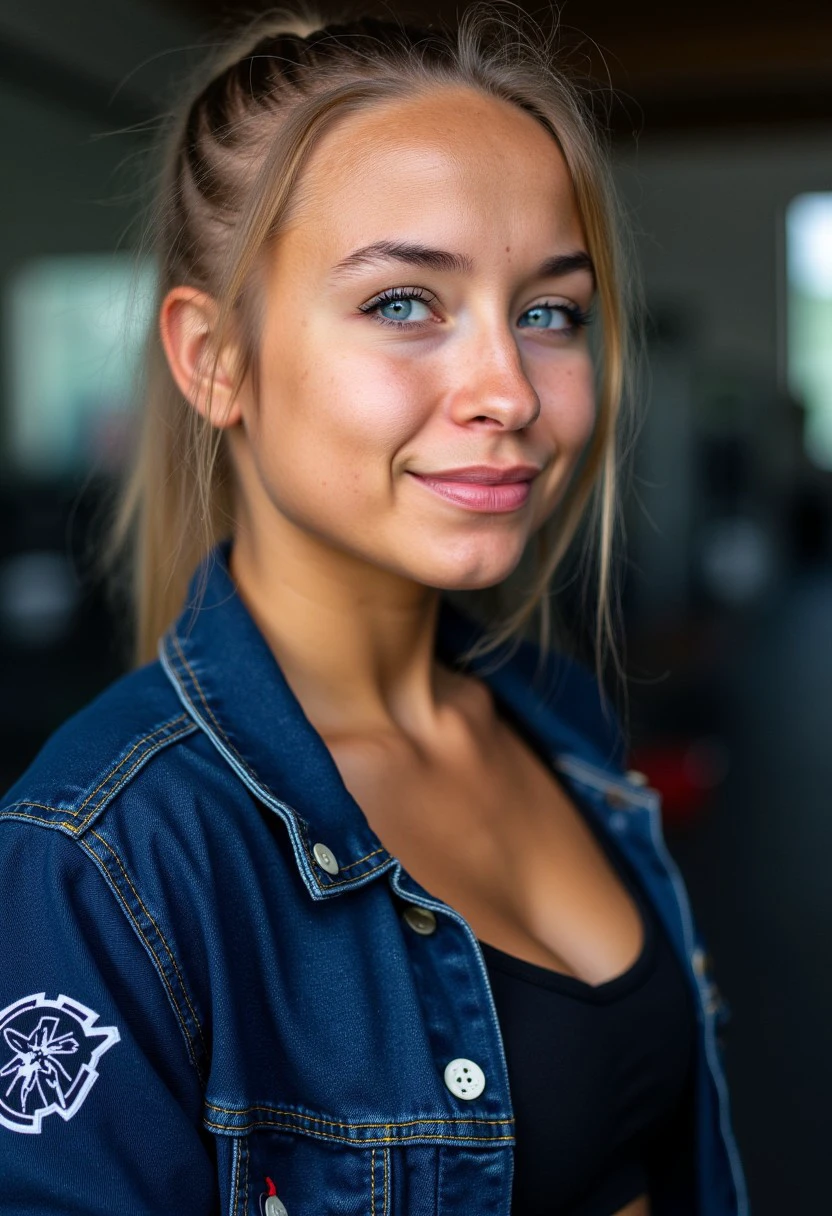 dark eyeliner and mascara, athletic build., This is a photograph showcasing a young woman in a fitness setting, given the bright, revealing her striking blue eyes and a subtle, slightly messy style. She is wearing a dark blue denim jacket with visible white buttons and a subtle white emblem on the left sleeve., and striking blue eyes. She has a light smile on her face