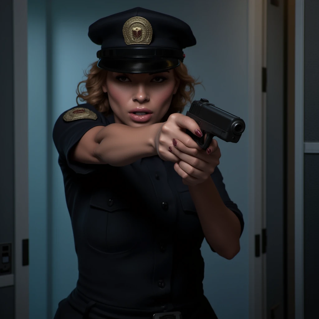 UHD, 4k, ultra detailed, cinematic, a photograph of  <lora:comic art BlacknWhiteComics v1:0.9>
 <lora:Hand v2:1> sharp detailed image,
In realism style,
 a woman in a police uniform pointing a gun, epic, beautiful lighting, inpsiring