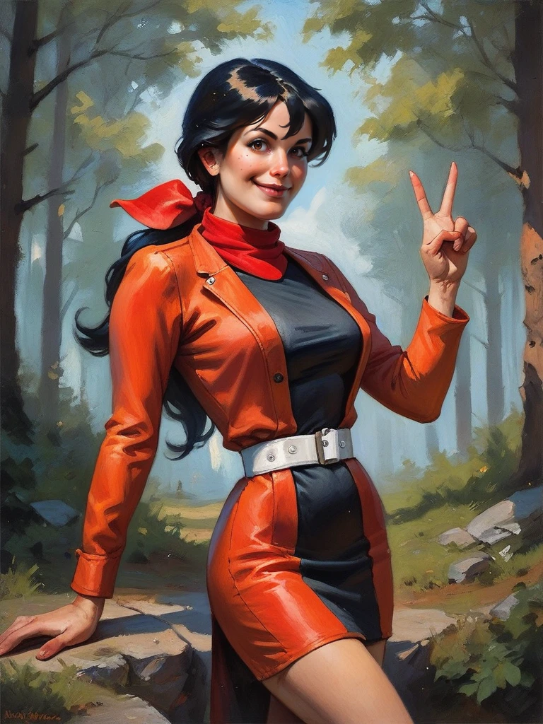 score_9, score_8_up, score_7_up, score_6_up, 1girl, v, dynamic pose, smile, looking at viewer, forest, cowboy shot, 
<lora:AlexandraCabot_character-10V2:0.85>, AlexandraXLP, long hair, ponytail, black hair, white lock, red coat, black dress, white waist belt, solo, bandana, cartoon, <lora:Eldritch Oil Style LoRA_Pony XL v6:0.7> oil painting, traditional media, realistic,,