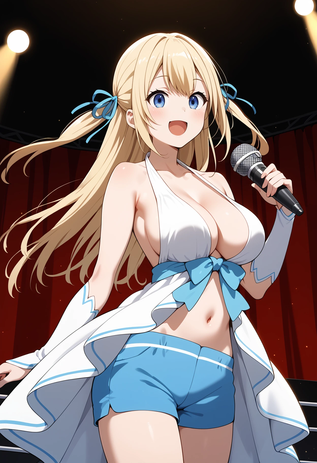 KAGAMINE RIN, long HAIR, BOW, blonde hair., large breasts,, Live Stage, solo  nsfw