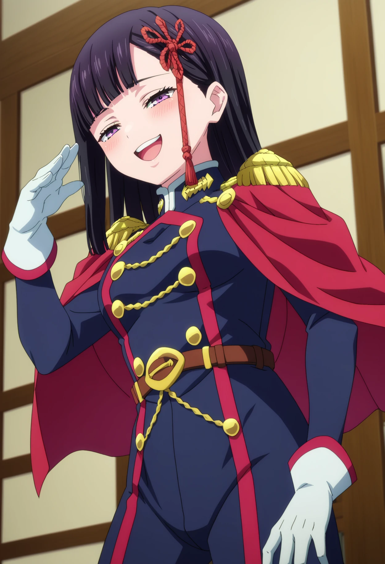 score_9, score_8_up, score_7_up, source_anime,
BREAK
1girl, solo,
<lora:shiRenYamishiroAnimeV1:1> shirenyamashiro, anime screencap, anime coloring, long hair, black hair, purple eyes, blunt bangs, military uniform, long sleeves, white gloves, red cape, belt, epaulettes, black pantyhose,
<lora:shiMesugakiV1:0.9>, shimesugaki, mesugaki, open mouth, smile, blush, looking at viewer, hand up, half-closed eyes, teeth,