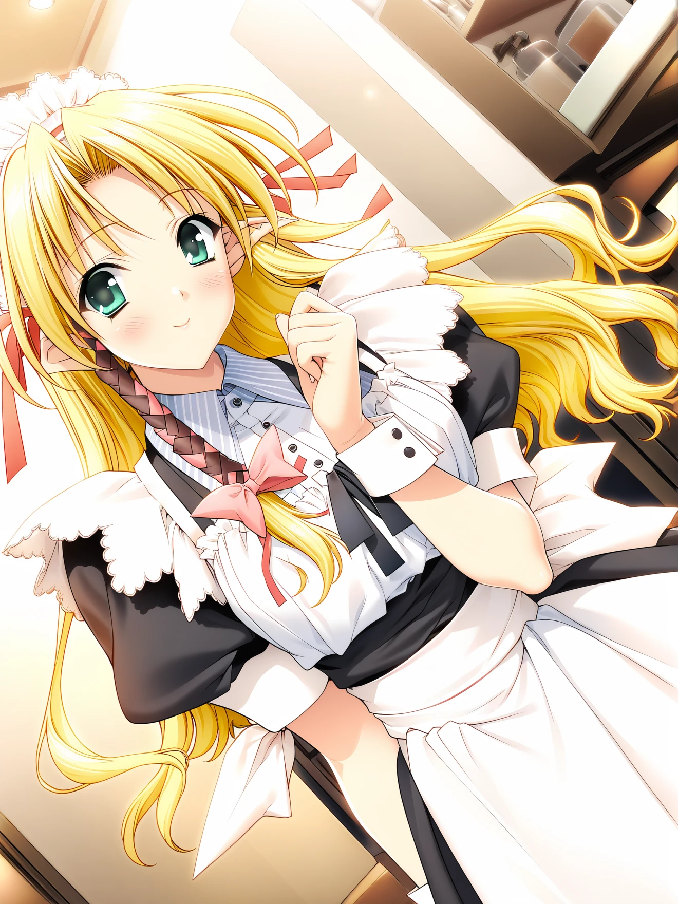 masterpiece, best quality, high quality, aesthetic, absurdres, insanely detailed,
1girl, blonde hair, long hair, green eyes, waitress, ribbon, hair ribbon, blush, dutch angle, side braid, pointy ears, maid, apron, tress ribbon, indoors, looking at viewer, smile, 
<lora:suzuhira-hiro-style-xl_v1.0:1>