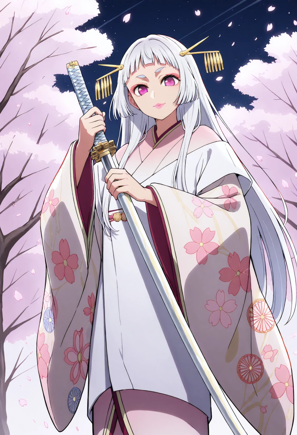 sayahime, 1girl, solo,, , print kimono, very long hair, looking at viewer, hime cut, pink lips, eyeshadow, closed mouth,, floral print, hair ornament, purple eyes, wide sleeves, white hair, standing, short eyebrows, blunt bangs , cowboy shot,smile, (cherry blossoms:1.5), petal, holding weapon, holding sword, katana, outdoors, night sky, <lora:kurokawaakane_ill:1>