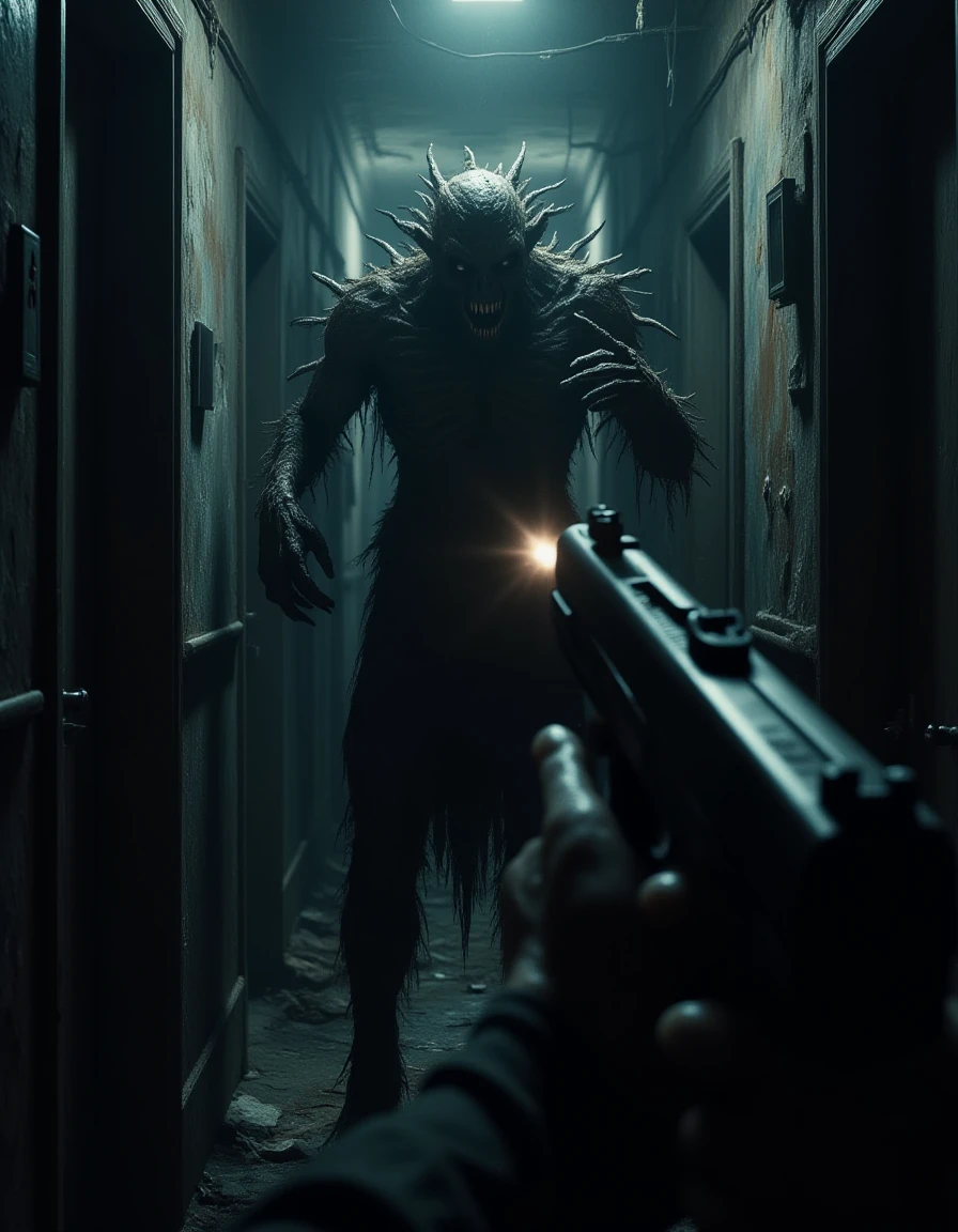 creepy, horror, Body cam, POV shot from the POV of a police officer, of a grotesque eldritch monster, in a dark alley, handgun firing at monster