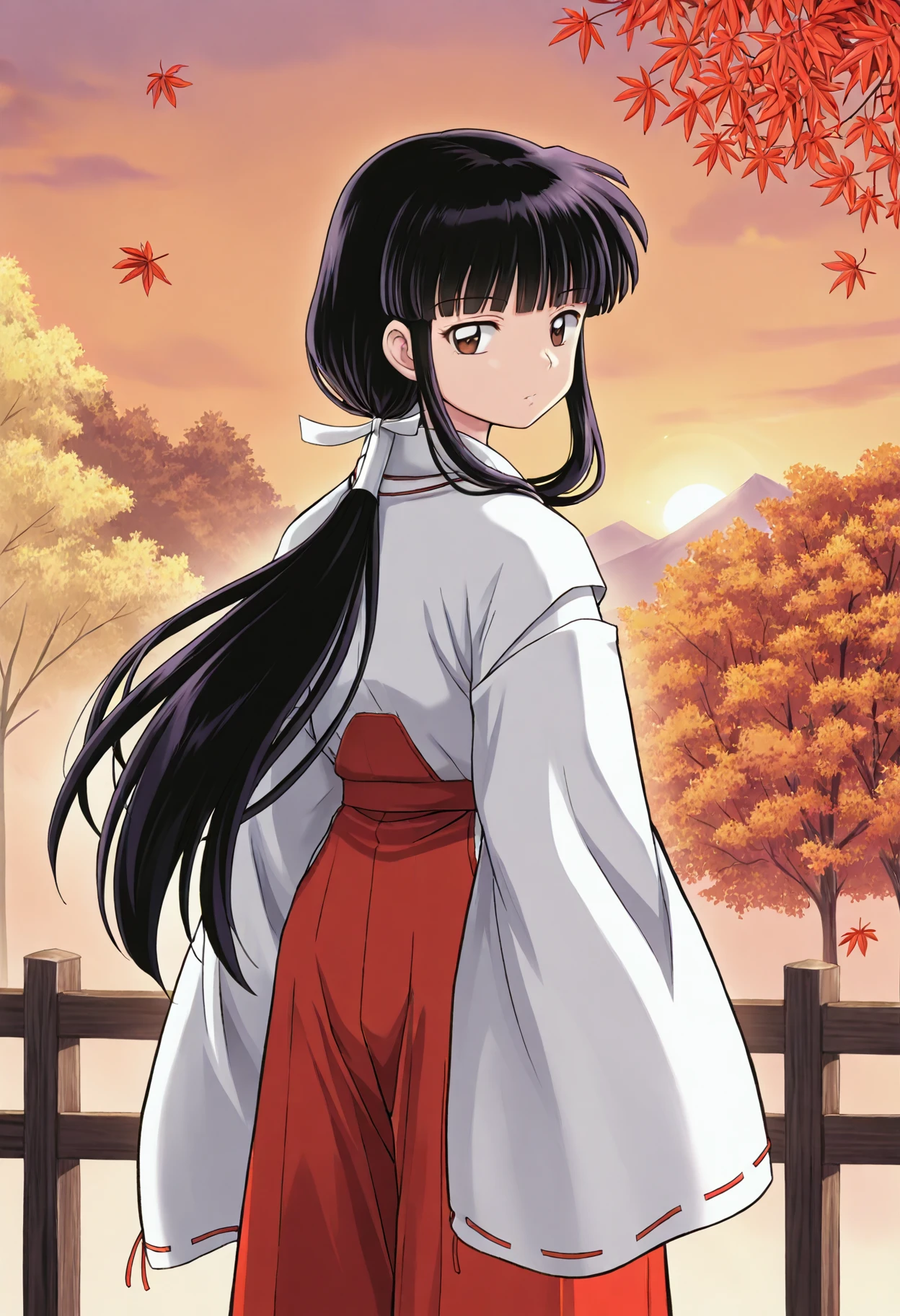 <lora:kikyo_inuyasha_ill:1>kikyoinu, miko, 1girl, japanese clothes, solo, , black hair, red hakama, brown eyes, wide sleeves, hair ribbon, long hair, blunt bangs, sidelocks, long sleeves, standing, looking back, from behind, low ponytail, orange sky, sunset, maple leaf, cowboy shot, maple tree, fence,