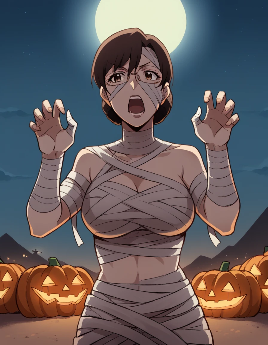 score_9, score_8_up, score_7_up, source_anime, <lora:aki-kikuchihara-s1-ponyxl-lora-nochekaiser:1>, aki kikuchihara, brown hair, brown eyes, glasses, mature female, large breasts,, <lora:mummy-costume-ponyxl-lora-nochekaiser:1>, mummy costume, bandages, halloween costume, bandaged arm, zombie pose, bandage on face,, desert, moon, night, open mouth, , dutch angle, cowboy shot