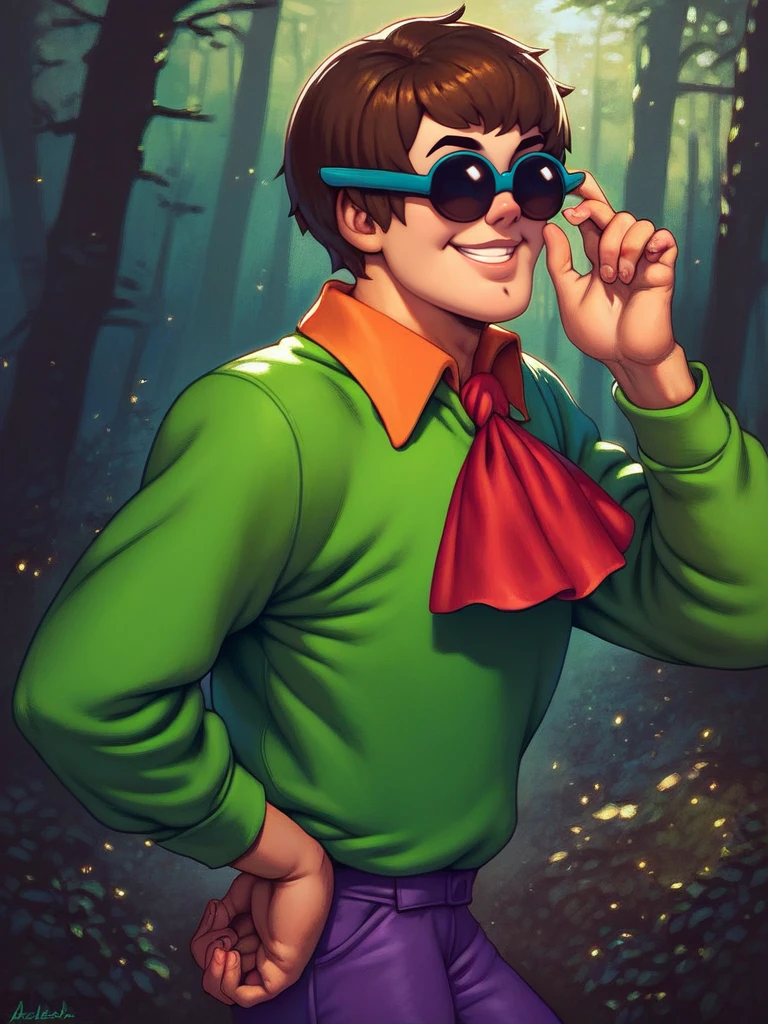 score_9, score_8_up, score_7_up, score_6_up, 1boy, forest, hand on hips, dynamic pose, smile, looking at viewer,
<lora:AlexanderCabot_character:0.8>, AlexanderXLP, short hair, brown hair, sunglasses, green shirt, , collared shirt, red ascot, purple pants, cartoon, realistic,