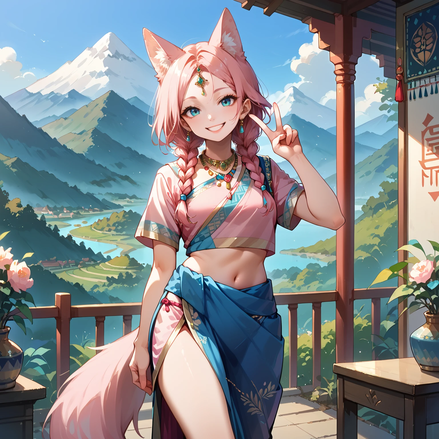 score_9, score_8_up, score_7_up,source_anime, 1girl, pink hair, twin braids, fox ears, fox tail, forehead jewel, jewelry, indian clothes, smile, head tilt, v, mountain, mountainous horizon, standing, <lora:Saree_V2:0.7> saree_, blue sari, pink crop top, short sleeves, midriff, side slit,