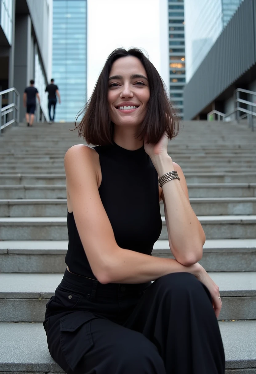 High-quality photo of amelielens woman seated on a broad set of outdoor steps, with a relaxed yet thoughtful expression. amelielens woman has shoulder-length dark brown hair, styled straight, and is dressed in an all-black outfit, including a sleeveless, fitted top and loose, cargo-style pants. amelielens woman's attire has a modern, minimalist look, and she accessorizes with a subtle bracelet on her wrist. The urban setting around her features tall, reflective glass buildings on either side of the stairs, creating a contemporary, architectural background. A few people are visible walking up the stairs behind her, adding a touch of depth to the scene.