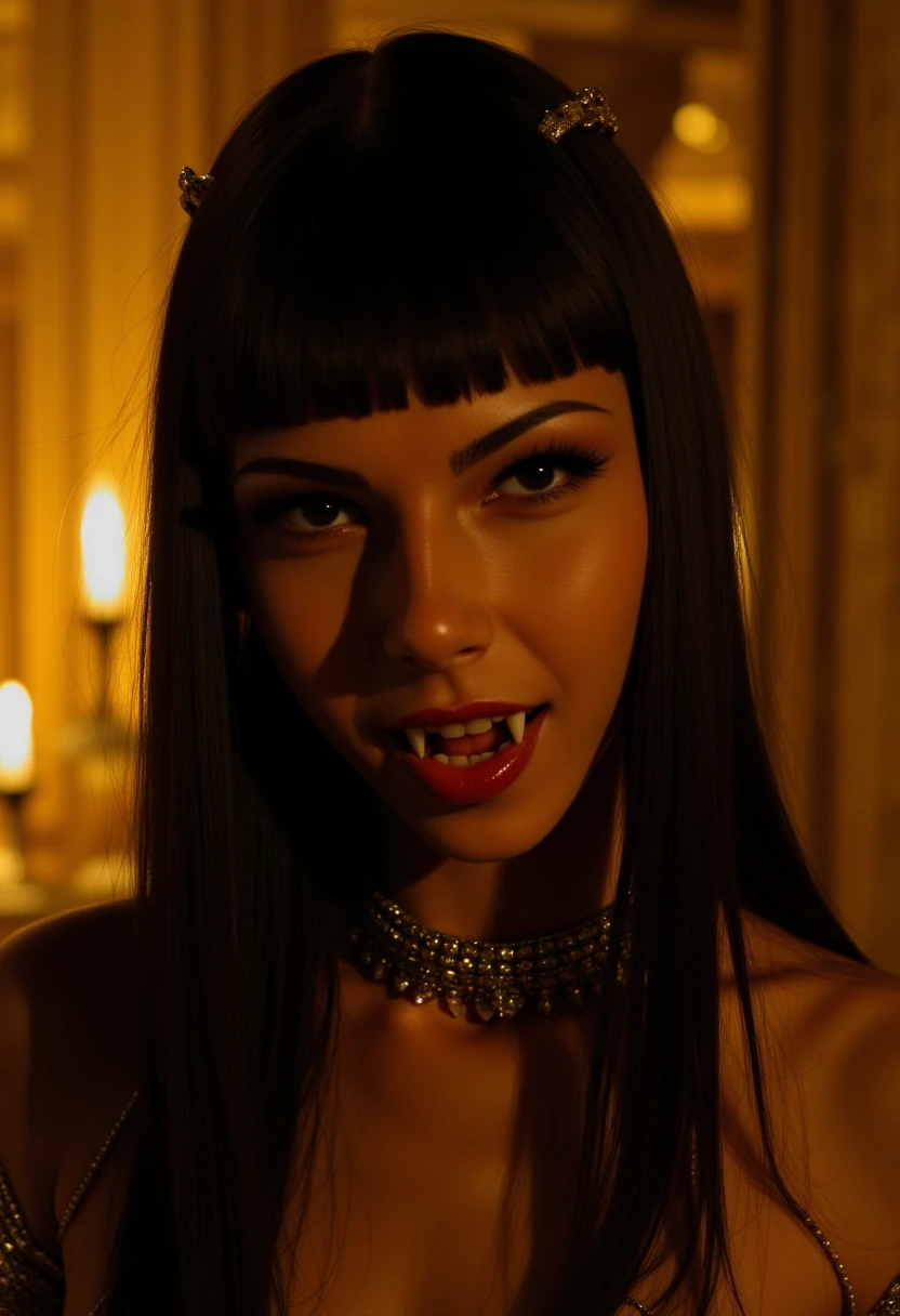  young woman
Extreme closeup, petite, human Egyptian vampire queen,fangs, goddess ,golden dress, vampire fangs, ,black hair, Neferata ,evil, seductive, bangs, grim dark , fantasy, Warhammer, powerful, background of golden ancient Egyptian temple,night time, darkness, dim light, , expensive jewelry, dark make up, black and gold, volumetric lighting,, beautiful face, detailed face, realistic  fangs, mouth open