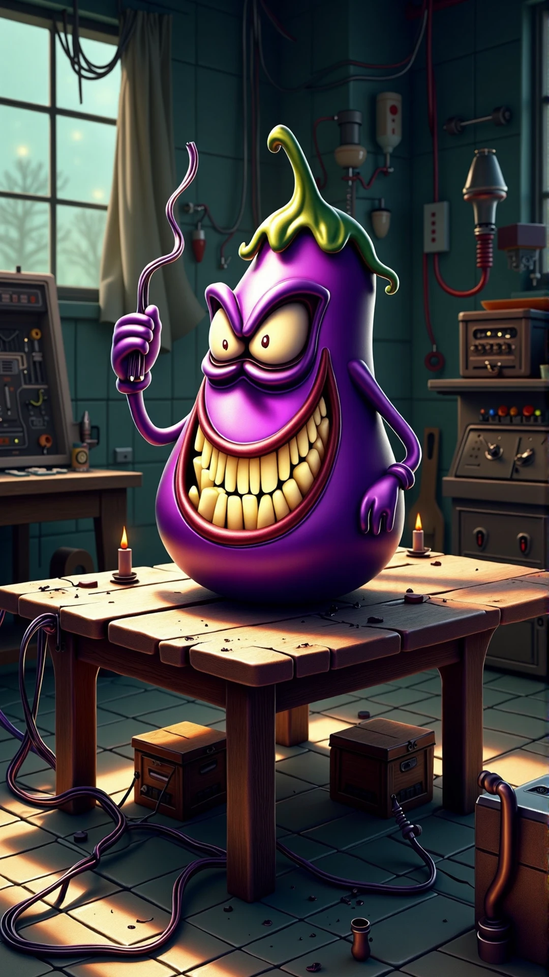 An image of a villainous item: A nefarious, cartoonish eggplant flashlight stands atop a rickety, old wooden table, its malevolent presence casting an ominous glow across the dimly lit, abandoned warehouse. This diabolical eggplant flashlight has a menacing, maniacal grin etched into its purple, slightly wrinkled skin, with the smile stretching across its middle section, where the light source emanates. The wicked beam of light shines brightly from its gleeful, toothy maw, illuminating the dusty crates and cobwebs surrounding it.
The flashlight's handle, shaped like a twisted eggplant stem, seems to be grasping the table's edge, as if ready to spring to life at a moment's notice, radiating an aura of malice and foreboding. The object's overall design exudes a sense of wicked glee, as if reveling in its own sinister nature. Shadows dance across the walls, accentuating the villainous eggplant flashlight's sinister presence, making it appear as if it's plotting its next dastardly move.
In the background, broken machinery and old boxes loom, casting long, ominous shadows across the concrete floor. A tattered, old curtain billows in the faint, eerie breeze, as if the very warehouse itself is shrouding the eggplant flashlight in secrecy, amplifying its maleficent aura. The air is thick with an atmosphere of malevolence, and the eggplant flashlight stands at the epicenter, radiating its wicked, mischievous energy.<lora:VillainousStyleFlux:1>