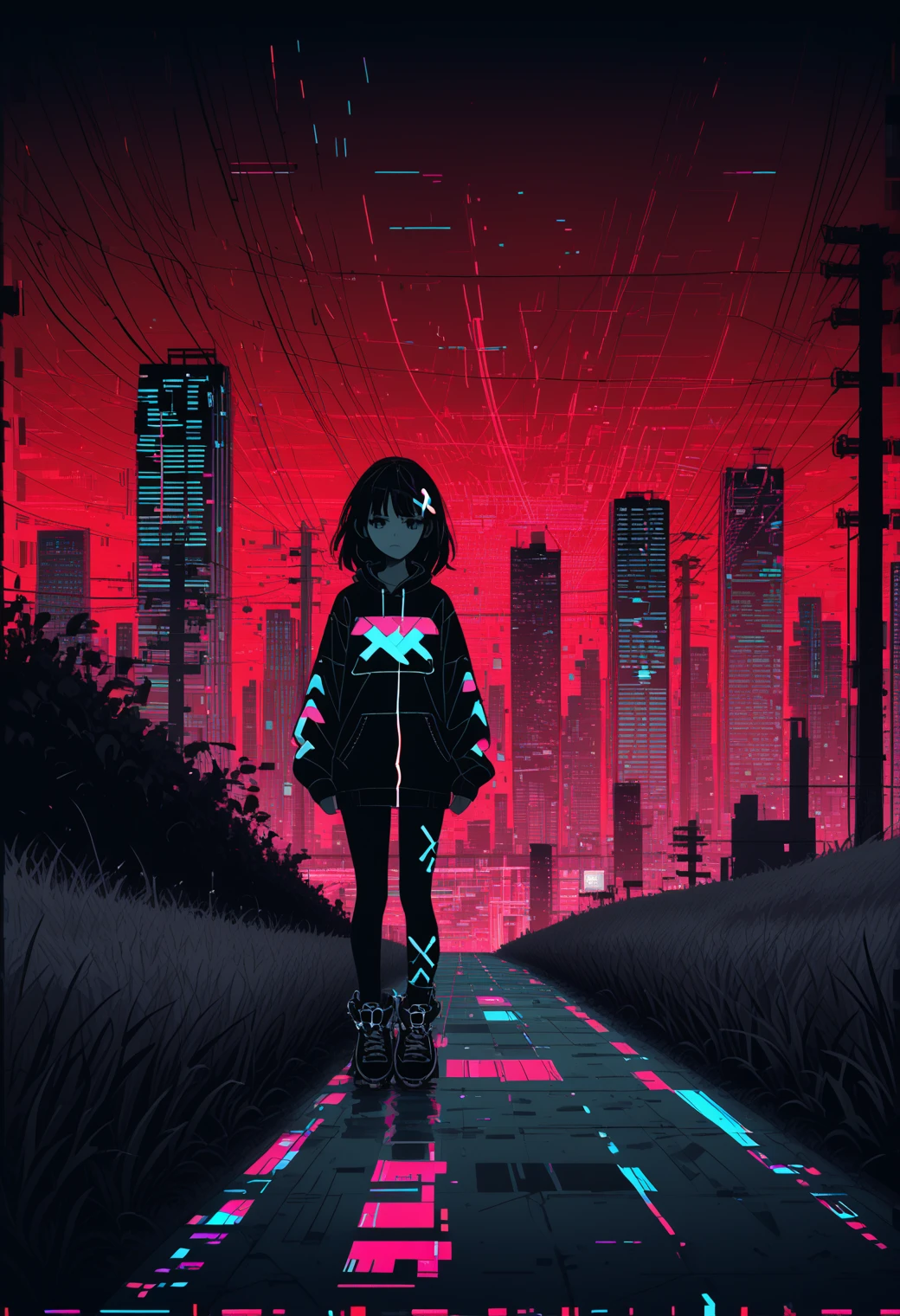 1girl,looking at viewer,full body shot,sleeves,full body,:d,glitch art,glitching,glitch,scanlines,monochrome,outdoors,power lines,wide shot,reddish sky,grass,hill,expressionless,x hair ornament,city lights in background,city in background,skyscraper in background,skyline,stylish,dark theme,