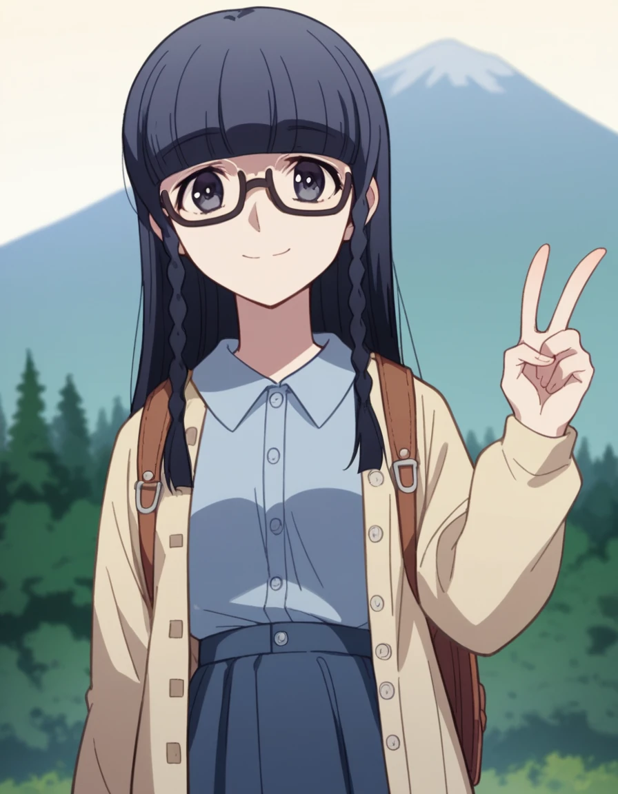 score_9, score_8_up, score_7_up, source_anime, <lora:setsuna-shimazaki-s1-ponyxl-lora-nochekaiser:1>, setsuna shimazaki, long hair, bangs, black eyes, black hair, braid, glasses, blunt bangs, twin braids, semi-rimless eyewear, under-rim eyewear, medium breasts,, shirt, blue shirt, collared shirt, cardigan, yellow cardigan, skirt, blue skirt,, mountain trail, hiking, nature, backpack, adventure, fresh air, smile, v, v over eyes,, looking at viewer, solo,, dutch angle, cowboy shot