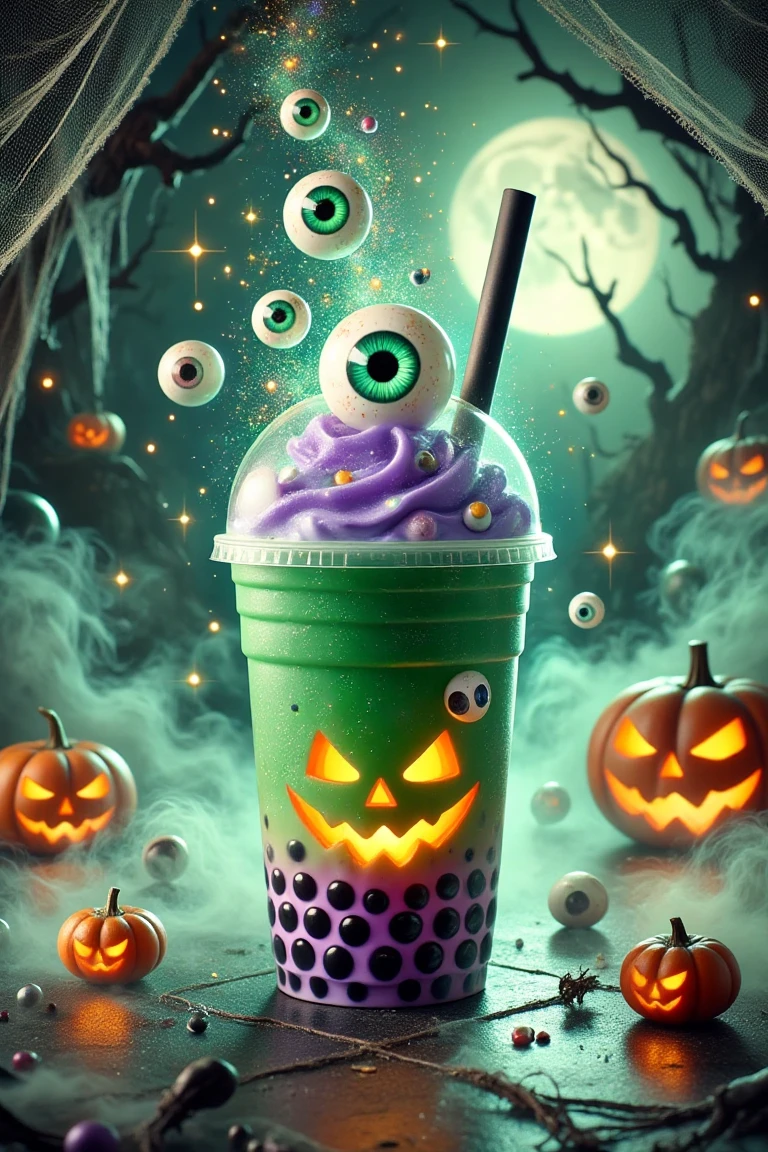 A whimsical Halloween-themed bubble tea cup with spooky green and purple hues, adorned with small pumpkins and jack-o'-lantern faces. Floating eyeball and skull bubbles rise from the cup, surrounded by misty fog and magical sparkles. The background features scattered mini pumpkins on the ground, illuminated by a soft, eerie moonlight, casting spooky shadows. The scene is framed with a magical, whimsical style, perfect for Halloween.