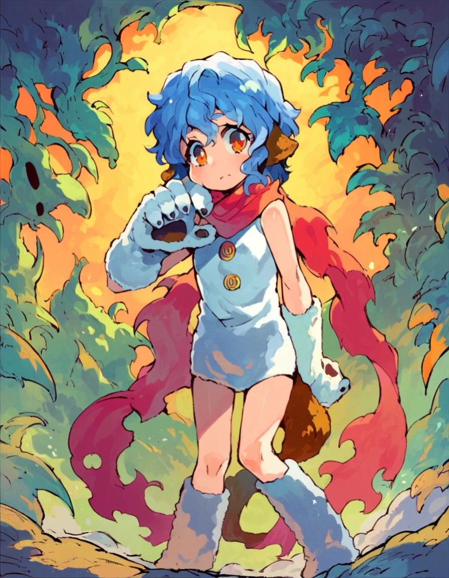 score_9, score_8_up, score_7_up, score_6_up, source_anime, anime coloring, <lora:yeti-muromi-pony:0.8> yeti-mrm, animal ears, blue hair, scarf, gloves, short hair, animal hands, red scarf, dog ears, orange eyes, tail, monster girl, 1girl, solo,