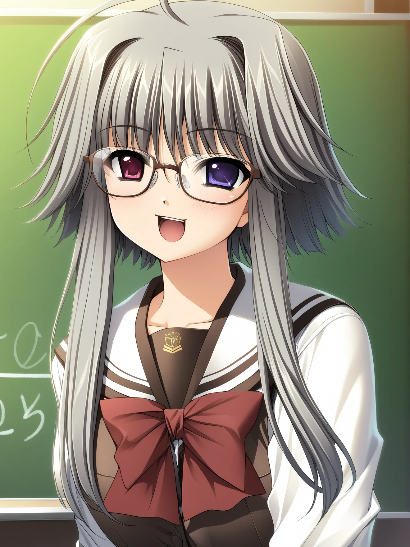 masterpiece, best quality, high quality, aesthetic, absurdres, insanely detailed,
1girl, glasses, school uniform, heterochromia, chalkboard, brown and purple eyes, dutch angle, ahoge, smile, short hair with long locks, open mouth, grey hair, upper body, 
<lora:nishimata-aoi-style-xl_v1.0:1>