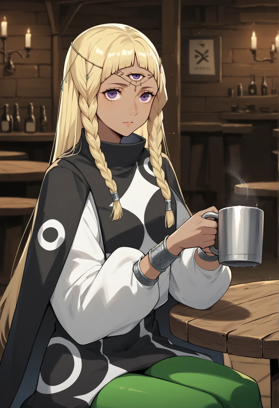 1girl, solo, long hair, blonde hair, braid, purple eyes, dark skin, third eye, circlet, silver bracelet, white shirt, long sleeves, green leggings, sitting, holding mug, indoors, tavern, looking at viewer <lora:eupha_pony:1>, score_9, score_8_up, score_7_up, score_6_up, score_5_up, score_4_up, BREAK source_anime, masterpiece