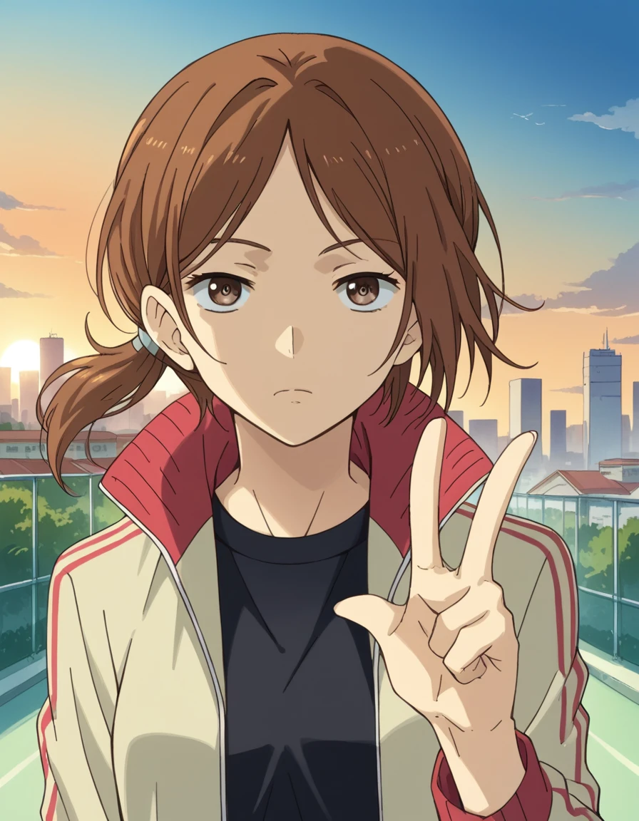 score_9, score_8_up, score_7_up, source_anime, <lora:kokoro-amatsu-s1-ponyxl-lora-nochekaiser:1>, kokoro amatsu, brown hair, brown eyes, ponytail, medium breasts,, jacket, open jacket, track jacket,, rooftop, sunset, cityscape, quiet moment, wind blowing, contemplative, , v, v over eyes,, looking at viewer, solo,, dutch angle, cowboy shot