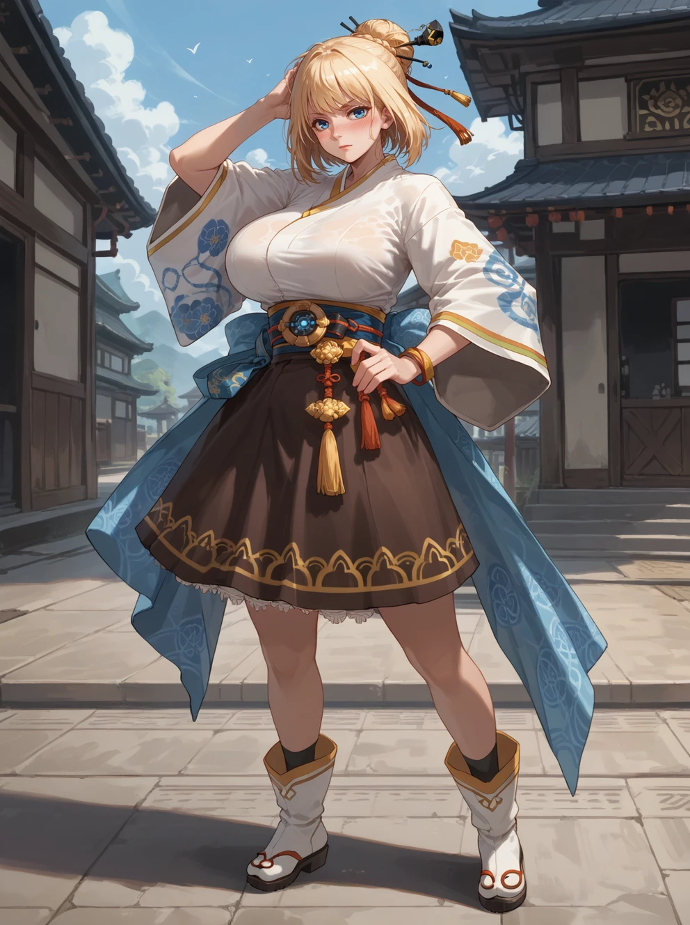 (masterpiece,best quality,score_9, score_8_up, score_7_up),
1girl,full-face blush,
BREAK
<lora:dnf-fgunV3:0.75>,DNF-FGUN,blonde hair,short hair,bunbun,blue eyes,kimono,wide sleeves,brown  skirt,glowing belt,white boots,
full body,huge breasts,