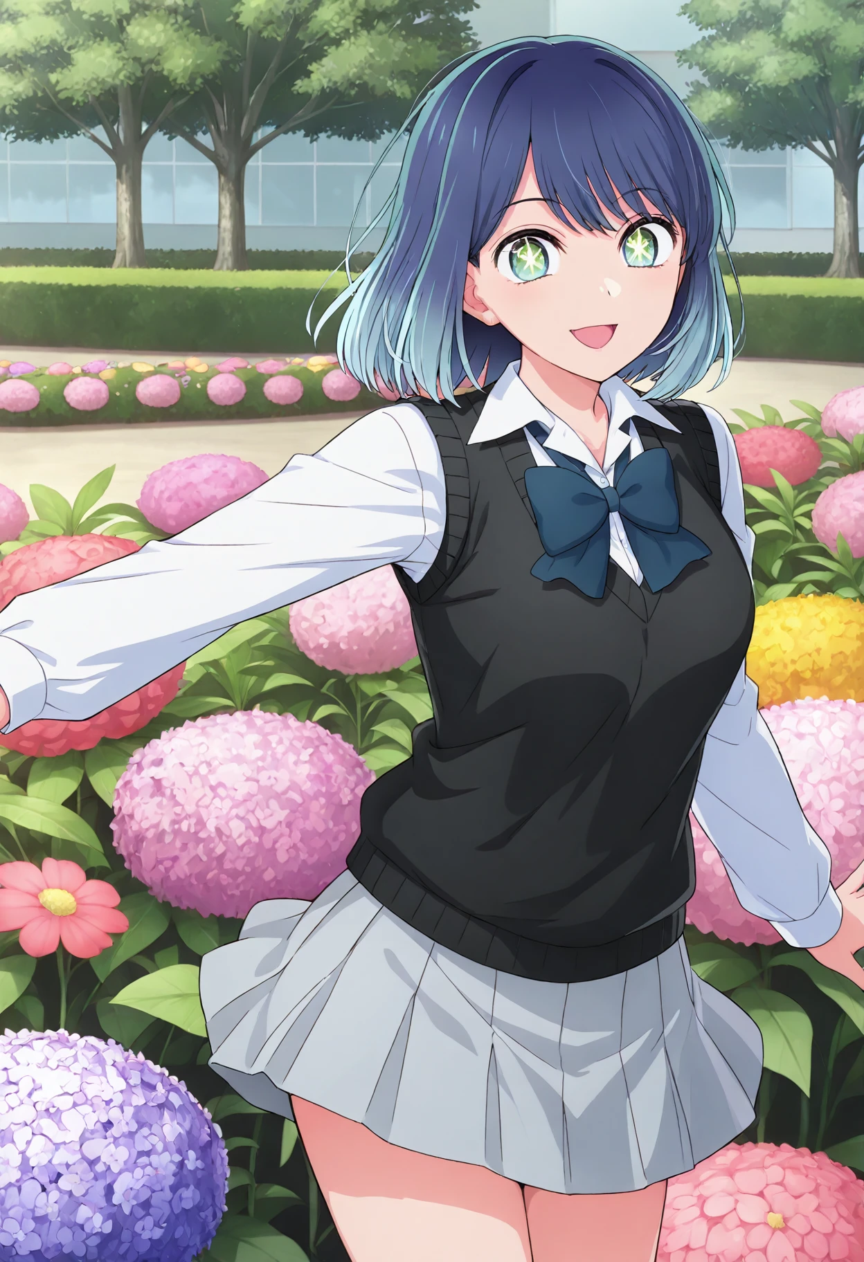 open mouth, 1girl,,kurokawaakane, 1girl, solo,cowboy shot, white shirt, , blue bowtie, long sleeves, blue hair, miniskirt, ,, looking at viewer, smile, collared shirt, standing, grey skirt,, closed mouth, aqua eyes, short hair, black vest,  gradient hair, star-shaped pupils, garden, tree, <lora:kurokawaakane_ill:1>