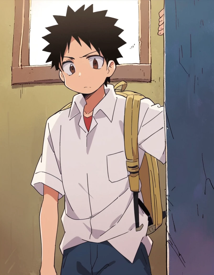 score_9, score_8_up, score_7_up, score_6_up, source_anime, anime coloring,  <lora:takurou-pony:0.8> mukuroujima takurou, black hair, brown eyes, shirt, spiked hair, backpack, white shirt, school uniform, 1boy, male focus, solo