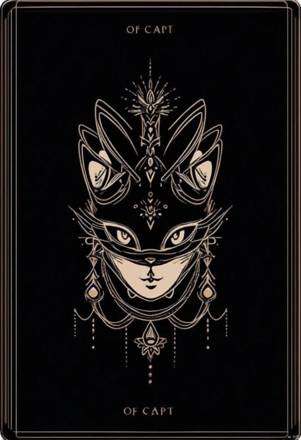 Card design,A black playing card with a white cat face in the center of the card. The cat's face is facing towards the left side of the frame. Its eyes are wide open and its ears are pointed up. The ears are white and pointy. The face of the cat is white with a black nose and mouth. There are white lines drawn around the cat's mouth and around the eyes. The card has the word "OF CAPT" at the bottom of it in white letters.