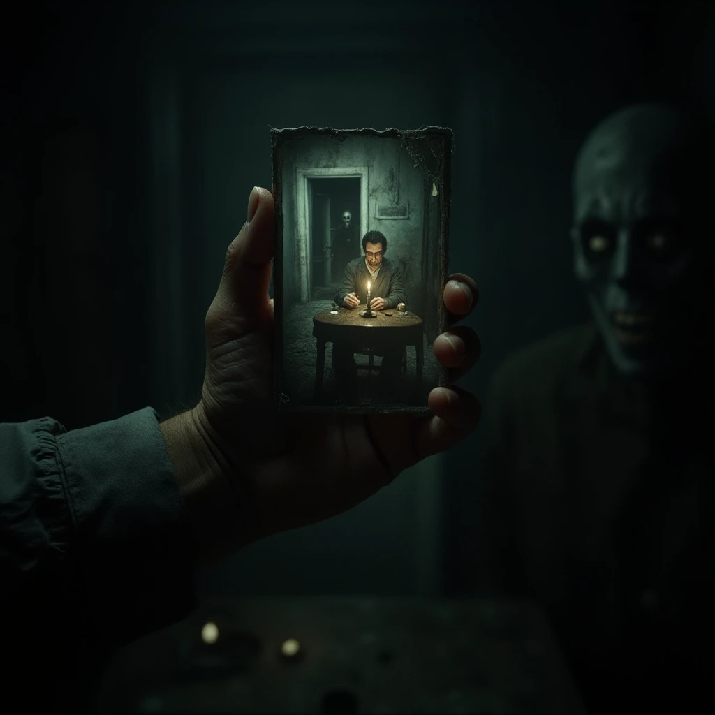 cinematic film still professional 3d model <lora:80f15f59-767a-4ab0-80ac-77b5c0dcbd74.TA_trained:0.8> <lora:Laura_Flux_Life_in_the_Round:0.8>""In a dimly lit room, a hand holds a chilling, slightly worn photograph of a man sitting at a wooden table, illuminated by a single candle. The man stares intensely into the camera, unaware of the ghostly figure with a ghastly white face and hollow eyes looming in the doorway behind him. The photograph itself looks old and grainy, with subtle wear, like itâs been passed around or found in an abandoned place. The hand holding the picture trembles slightly, casting faint shadows on the image, as if the person holding it is unsettled by what they're seeing. The background of the real room around the hand is shadowy and indistinct, adding to the sense that this horror photo has a haunted story." . octane render, highly detailed, volumetric, dramatic lighting . shallow depth of field, vignette, highly detailed, high budget, bokeh, cinemascope, moody, epic, gorgeous, film grain, grainy