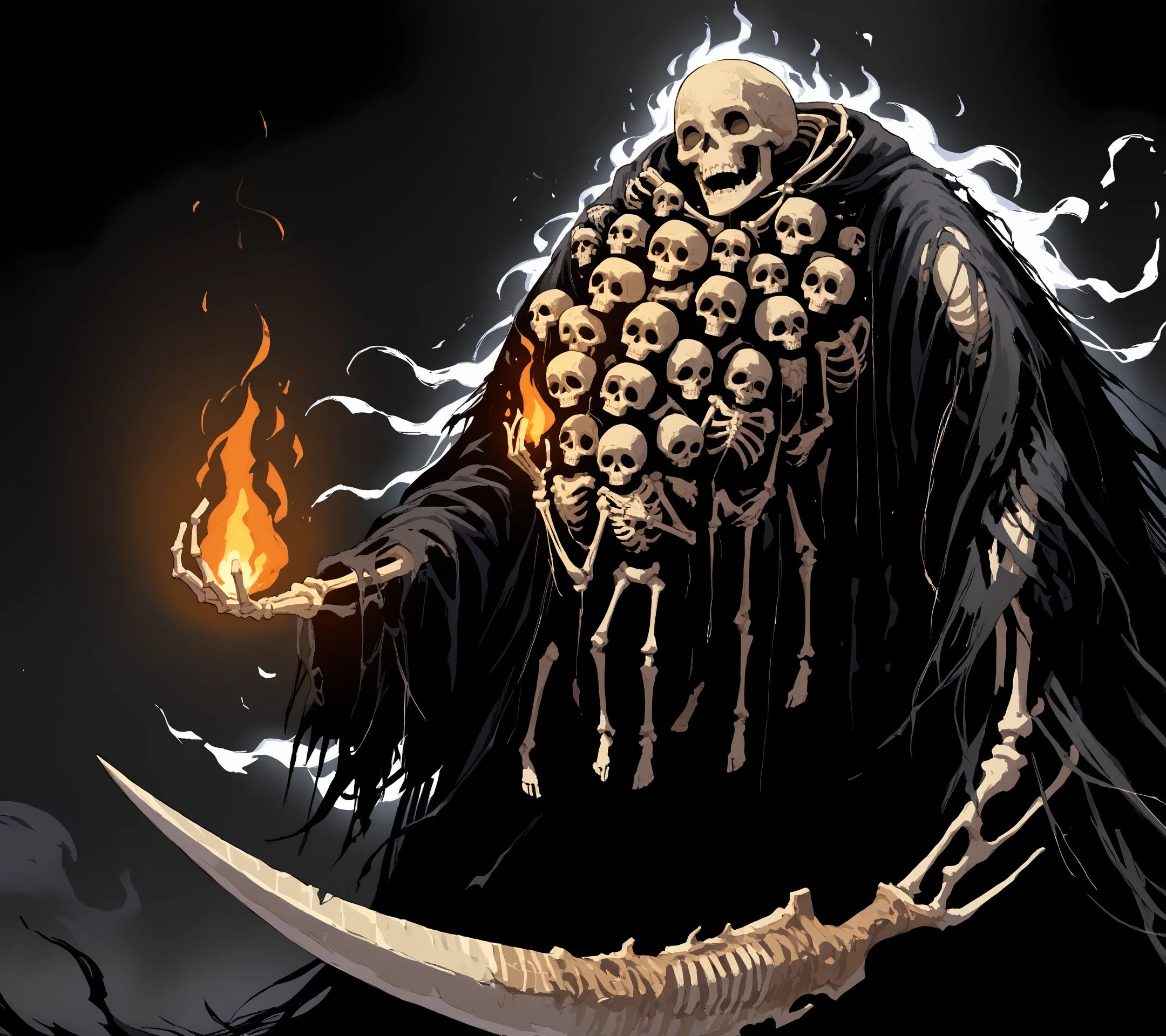 score_9, score_8_up, score_7_up,
<lora:nito_v1:0.99>, nito, solo, skeleton, black robe, size difference, torn clothes, no humans, huge weapon,holding fire, glowing, aura, black background,