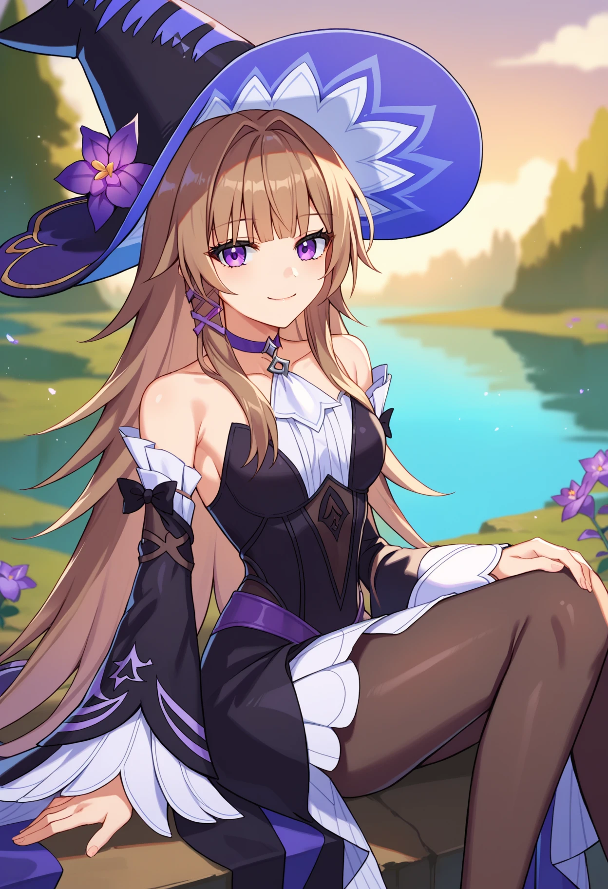 score_9, score_8_up, score_7_up, source_anime, 
BREAK
1girl, solo, hsrstyle,
<lora:shiAdultHertaV1:1.0>, shibigherta, long hair, purple eyes, brown hair, purple choker, hair intakes, 
witch, witch hat, hat flower, black headwear, purple flower, 
black dress, long sleeves, bare shoulders, detached sleeves, sleeveless, 
black pantyhose, 
looking at viewer, smile, 
outdoors, scenery,