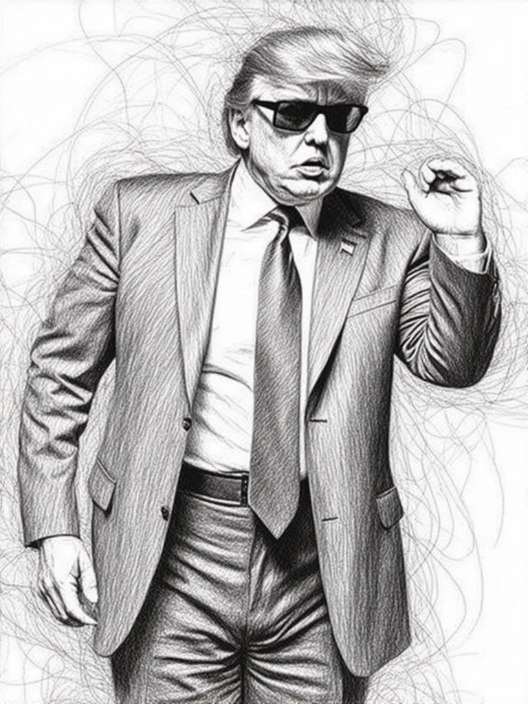 pencil_drawing,This is a detailed, alluring pose, intricate pencil drawing of Donald Trump, The image is a detailed, wearing dark sunglasses, frenzied look, recognizable by his iconic hairstyle and facial features. He is depicted in a sultry, intricate, expressive style with swirling lines that create a sense of movement and energy. He is standingwith his right hand raised to his head