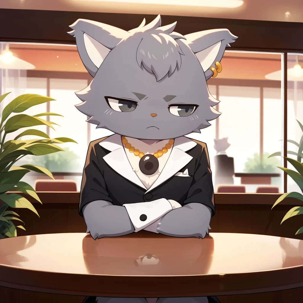 dian, male, furry, furry male, solo, 1boy, jewelry, no humans, solo, necklace, :3, cat, earrings, relaxed, tired, looking away, crossing arms, tuxedo, sitting at table, restaurant setting, at night