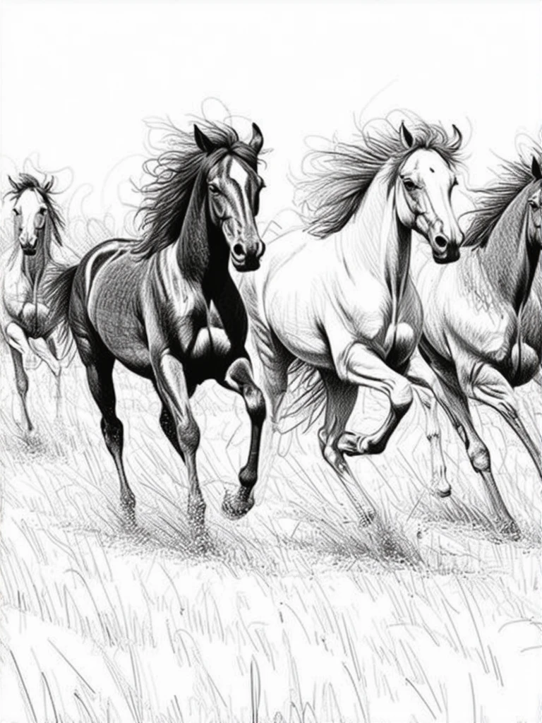 pencil_drawing,a ***** of running horses,