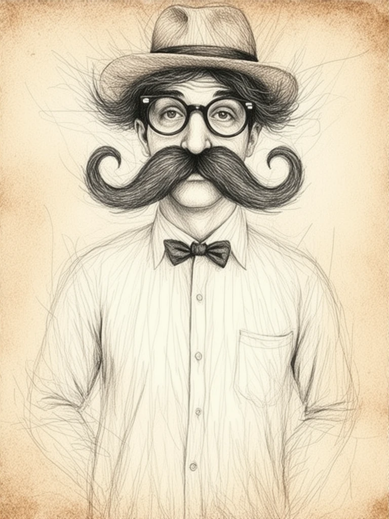 pencil_drawing,a whimsical pencil drawing, oversized mustache, rendered in precise detail, set against a subtle texture resembling worn leather, with the mustache's curved shape and bushy ends dramatically emphasized, it wears a crisp, white dress shirt with a relaxed fit and a pair of vintage-inspired spectacles perched atop its bristles, while a fedora hat sits atop the mustache's tip,